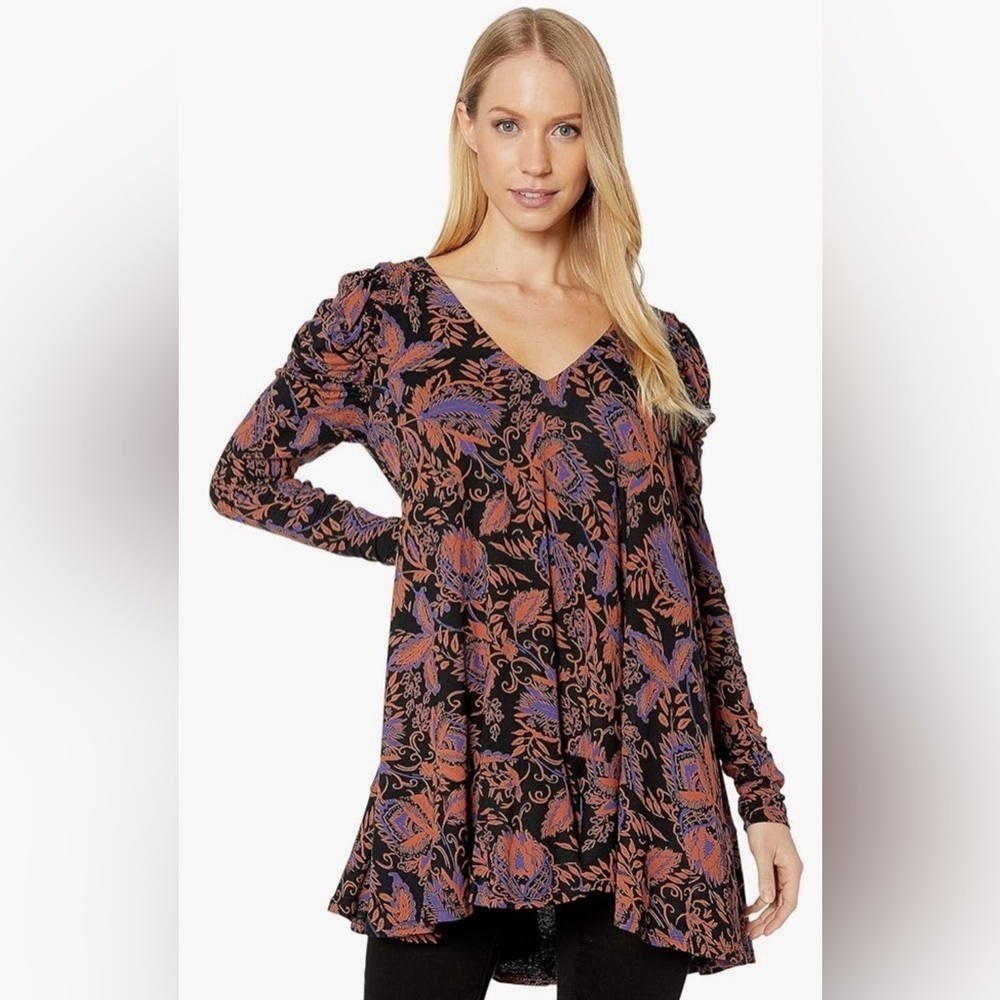 Free People Hello Lover Tunic Top In Noir Combo Size S Puff Sleeve Floral Dress